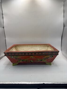 Vintage Ceramic Footed Planter Red Floral Jardiniere 9” Planter Decor *